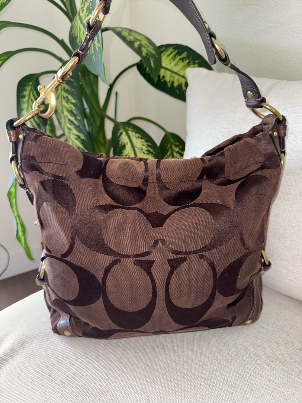 Coach Y2K Vintage Signature Carly Canvas Large Brown Hobo Shoulder Purse #10620